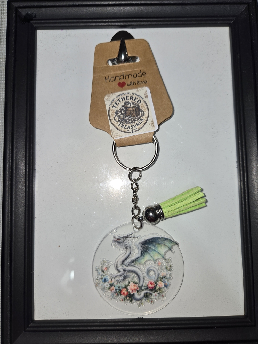 Tethered Treasures Handmade Green Tassel Dragon Keychain